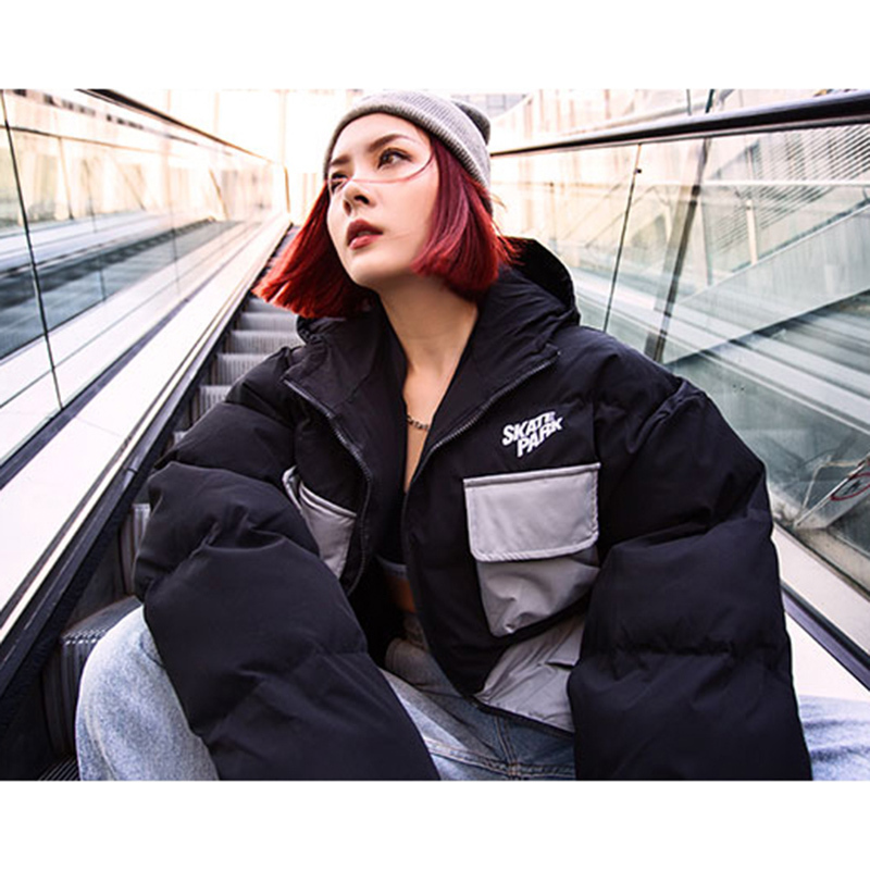 Hip Hop Multi Pockets Jacket Parka Men Color Block Patchwork Streetwear Hooded Jacket Harajuku Cotton Winter Padded Jacket Coat 201127