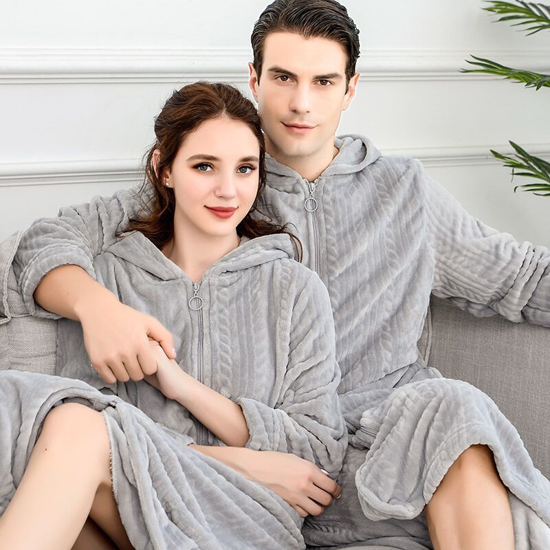 Extra Long Plus Size Winter Warm Flannel Bathrobe Women Men Zipper Hooded Bath Robe Couple Thicken Warm Dressing Gown Sleepwear 210203