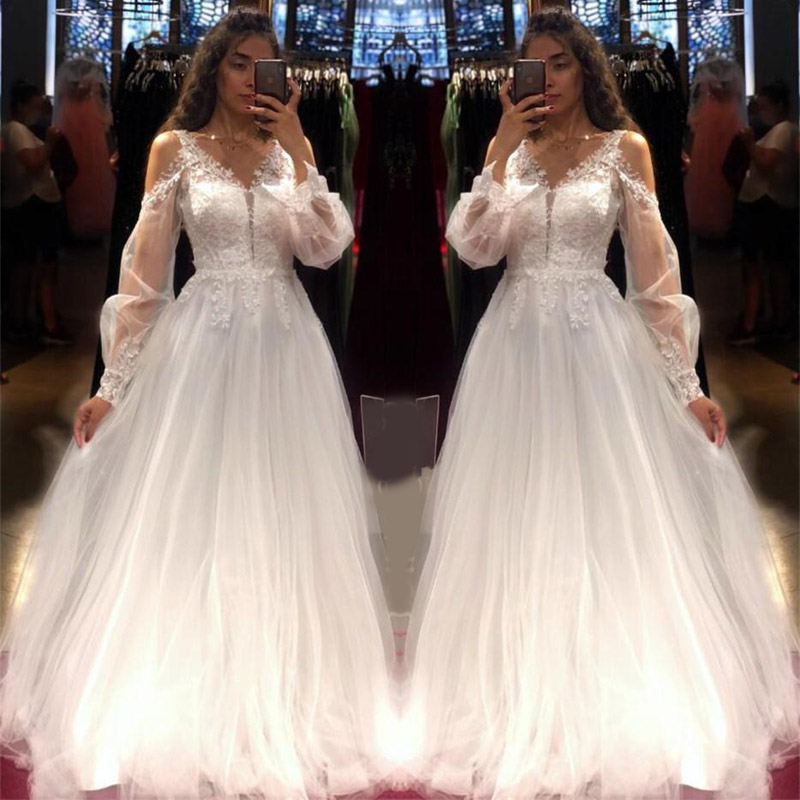 Soft Tulle 2021 A Line Wedding Dresses Lace Appliqued Off The Shoulder Long Sleeves Bridal Gowns Floor Lenght Summer Garden Marriage Lad