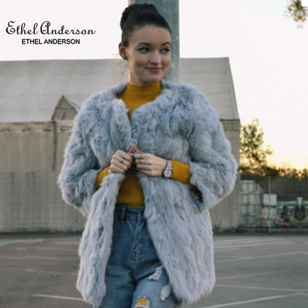 Ethel Anderson Natural O-Neck Thin Long Real Coat Genuine Full Pelt Jacket Women's Rabbit Fur Outwear 201103