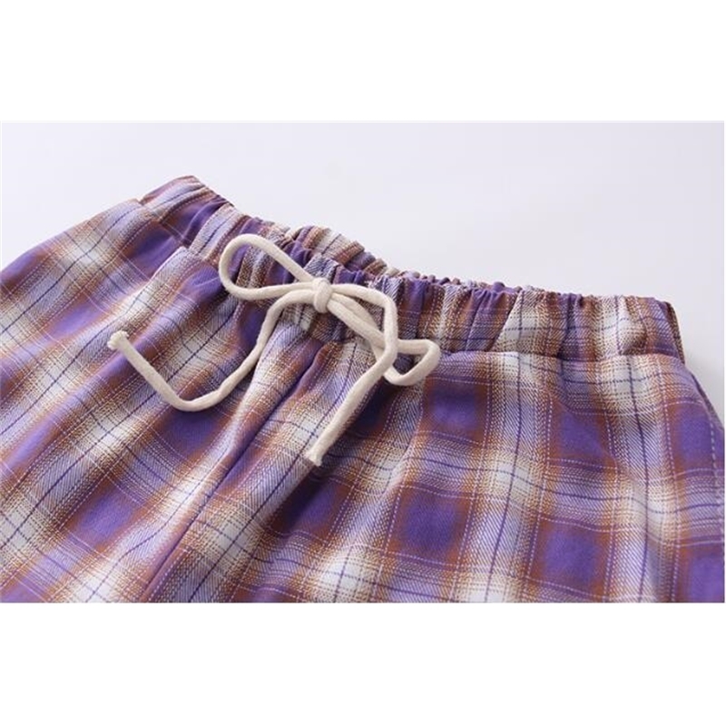 Harajuku Plaid pants students Korean loose retro soft sister purple cartoon dog elastic waist wide leg nine pants 201031
