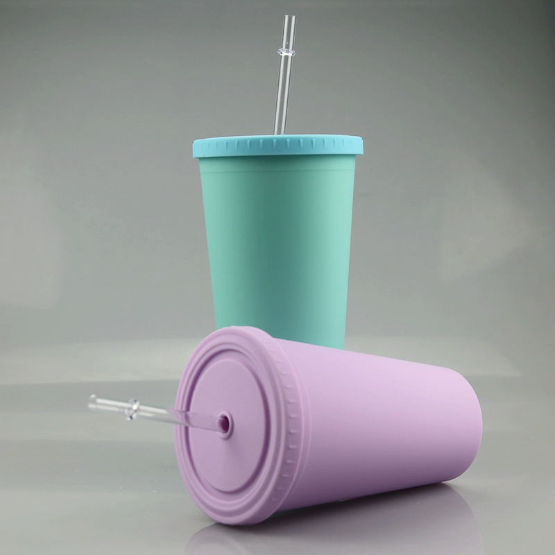 16oz Matte Acrylic Cups Plastic Tumbler with Lids Clear Straws Double Wall Coffee Mug Reusable Cup Sea shipping