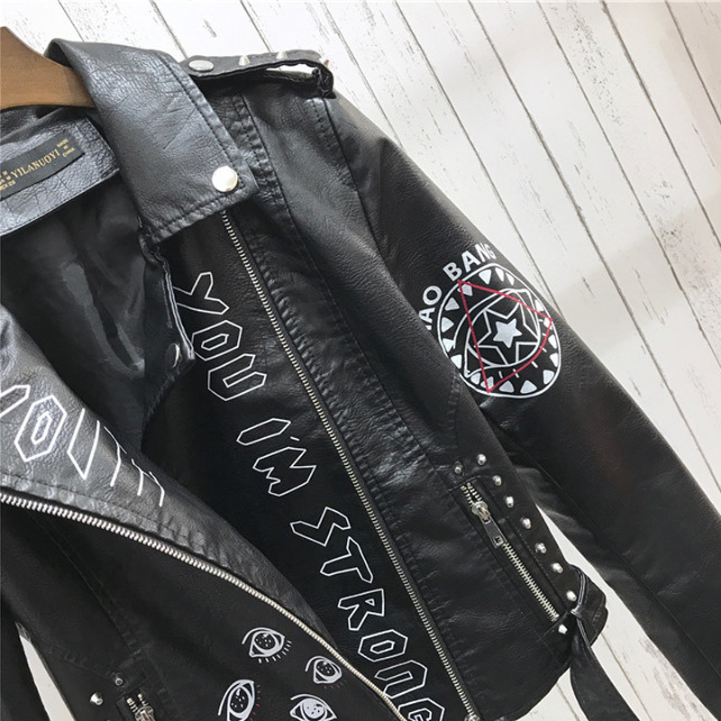 Autumn Women Winter Faux Soft Leather Jackets Coats Lady Black PU Rivet Zipper Epaulet 3D print Motorcycle Streetwear 201020