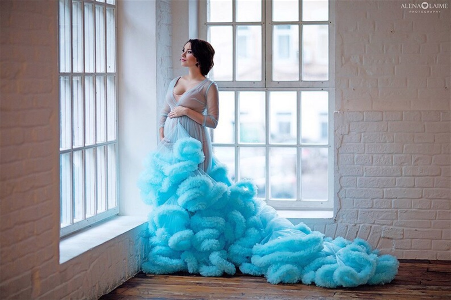 Sky Blue Pregnant Women Night Robe Wedding Bride Bridesmaid Robes Tulle Lace Sleepwear Pyjamas Long Lingeries Bridal Party Shower Robe