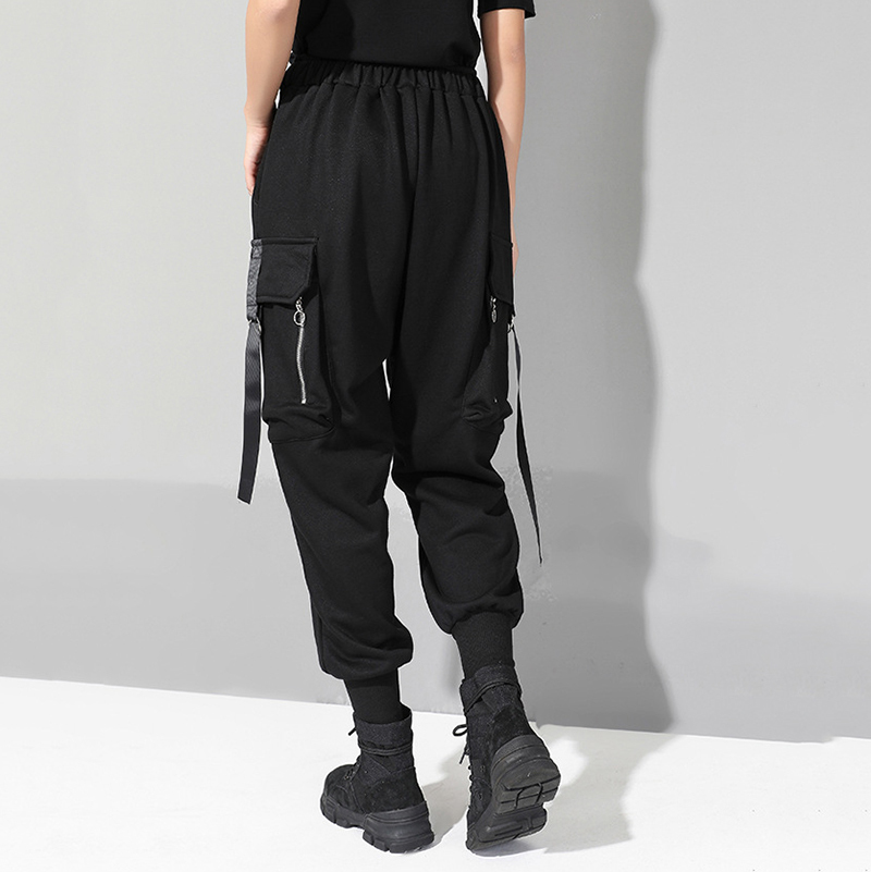 [EAM] New Spring Autumn High Elastic Waist Black Pocket Split Joint Ribbon Loose Harem Pants Women Trousers Fashion JQ015 201228