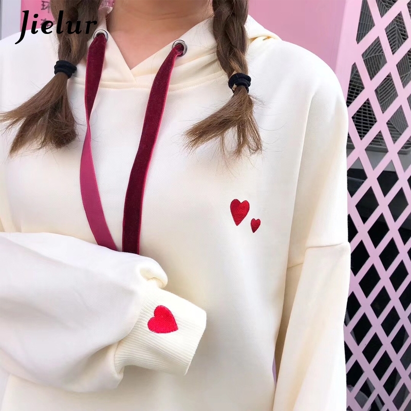 Jielur Heart Embroidery Women's Sweatshirt Hooded Winter Loose Kpop White Hoodies Female Fashion Casual Sudadera Mujer M-XL T200407