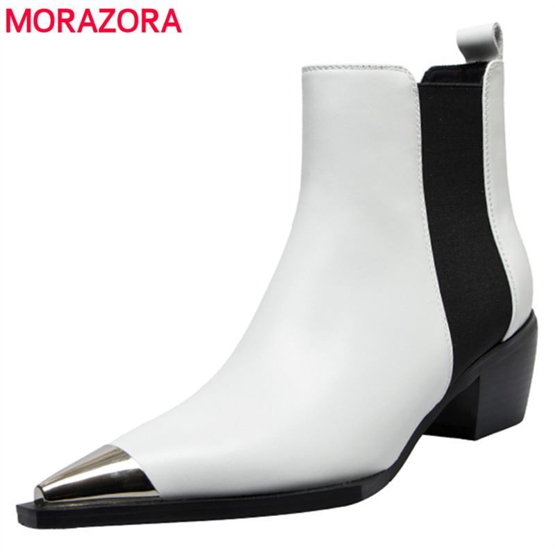 MORAZORA Natural Genuine leather boots women metal pointed toe ladies ankle boots for women square heels spring autumn shoes 201020
