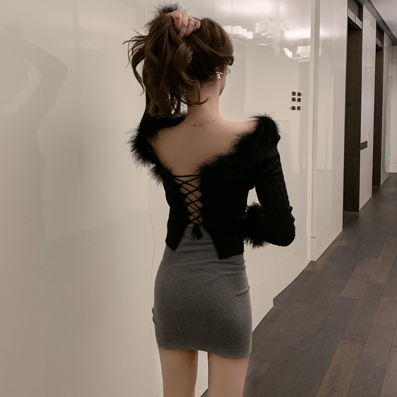 Women's Back Lace-up Sexy Sweater Plush Stitching Large V-neck Long-sleeved Knit Bottoming Sweater Top Ladies Club Tops ML259 201023