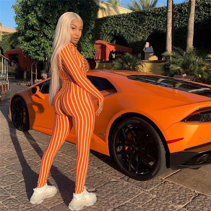 BOOFEENAA Sexy Striped Deep V Long Sleeve Bodycon Jumpsuit Women Clothes Spring Rompers One Piece Club Outfit C87-AE15 T200509