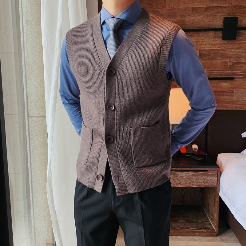 Autumn Solid Color Sweater Cardigan Vest Men Pillingresistant Sleeveless Knitted Vest Yellow Yersey Hombre Sleeveless Jacket 201125