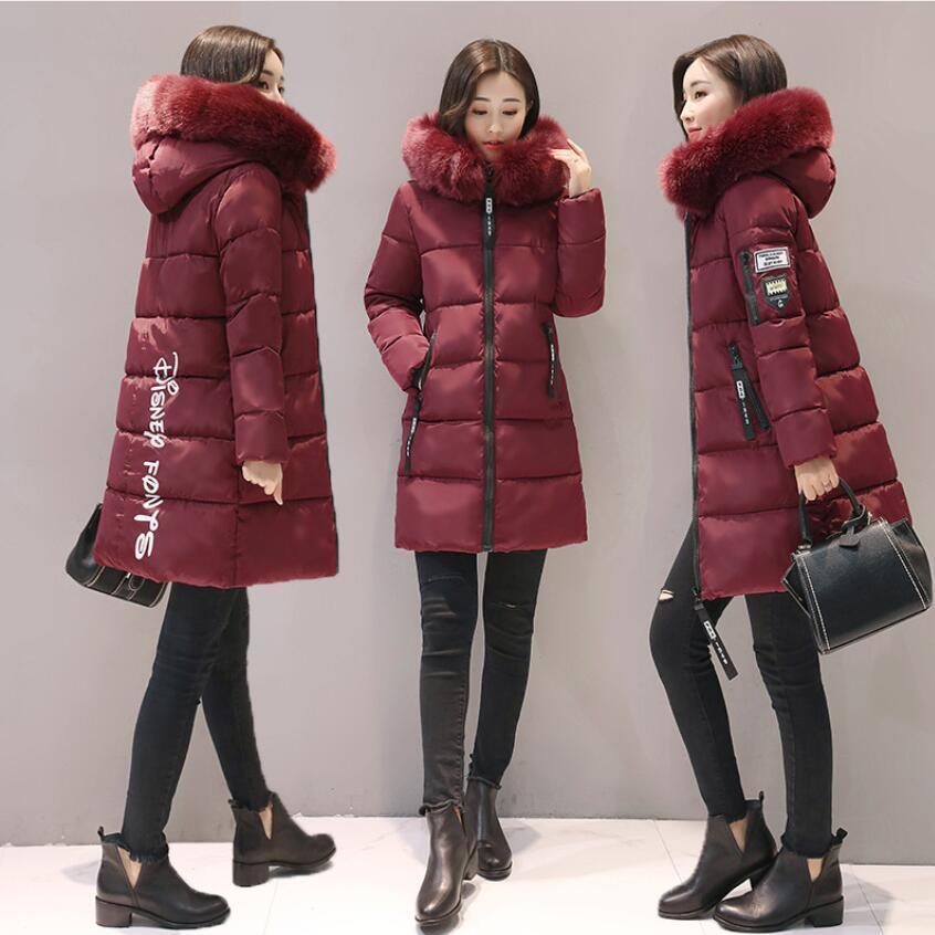 Women Hooded Warm Wadded Coat Winter Jackets Big Fur Collar Slim MidLong Fashion Thick Down Cotton Parka Female Plus Size 201017