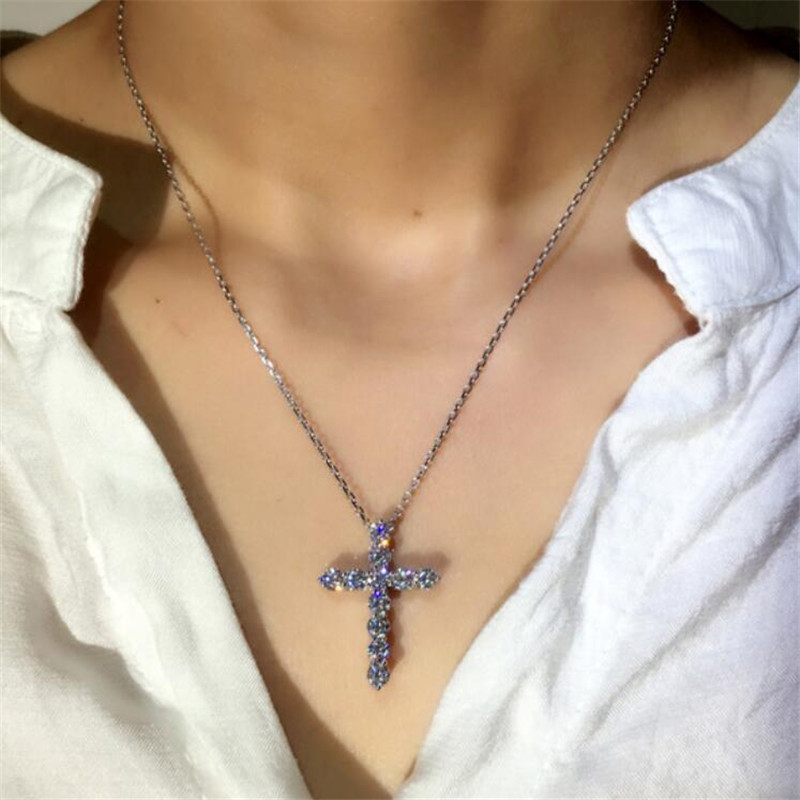 Brand New Jewelry Sterling Sier Full Round Cut White Topaz CZ Dia Cross Pendant Party Popular Women Clavicle Necklace Gift
