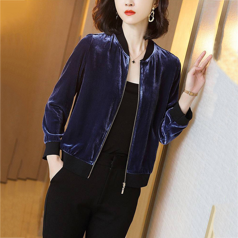 Women Wine Red Velvet Cropped Jacket Casual Zipper Short Outerwear Spring Female Jackets Blue Coat Wild Fashion Cardigan New 201014