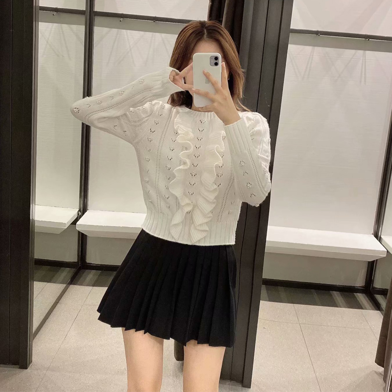 Fall Za Women Sweater Clothing White Pullover Knitted Cropped Sweater Long Sleeve Ruffle Autumn Clothes Women's Sweater Top 201223