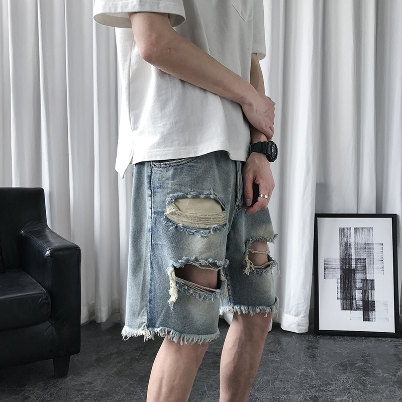 Men's Summer Denim Shorts Men's Fashion Casual Loose Short Jeans High Street Solid Color Hole Denim Shorts 201120