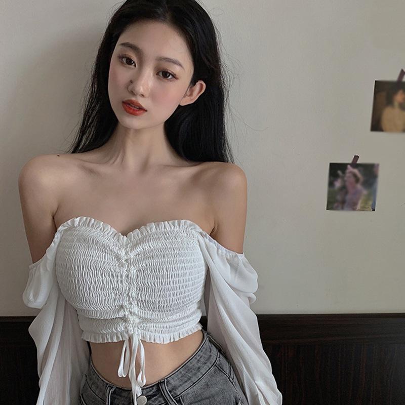 Women Tops Square Collar Sexy Corset Top Sweet Pleated Solid Navel Exposed Chiffon Long Sleeves Shirt Blouses Women Clothes, Black