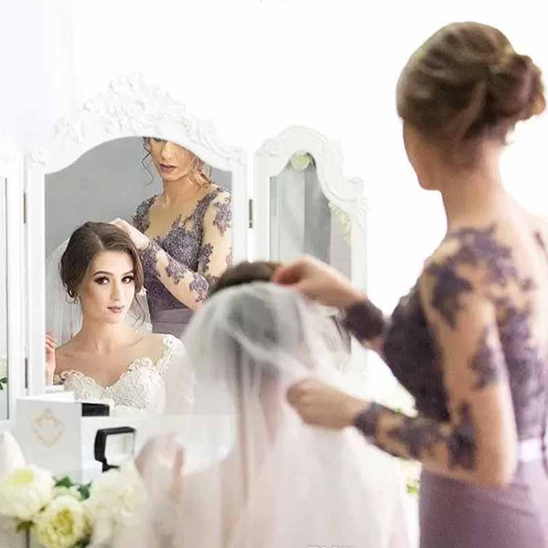 In Stock Lavender Lace Mermaid Bridesmaid With Sleeves Long Garden Dresses For Wedding Girls Party Gown 0219