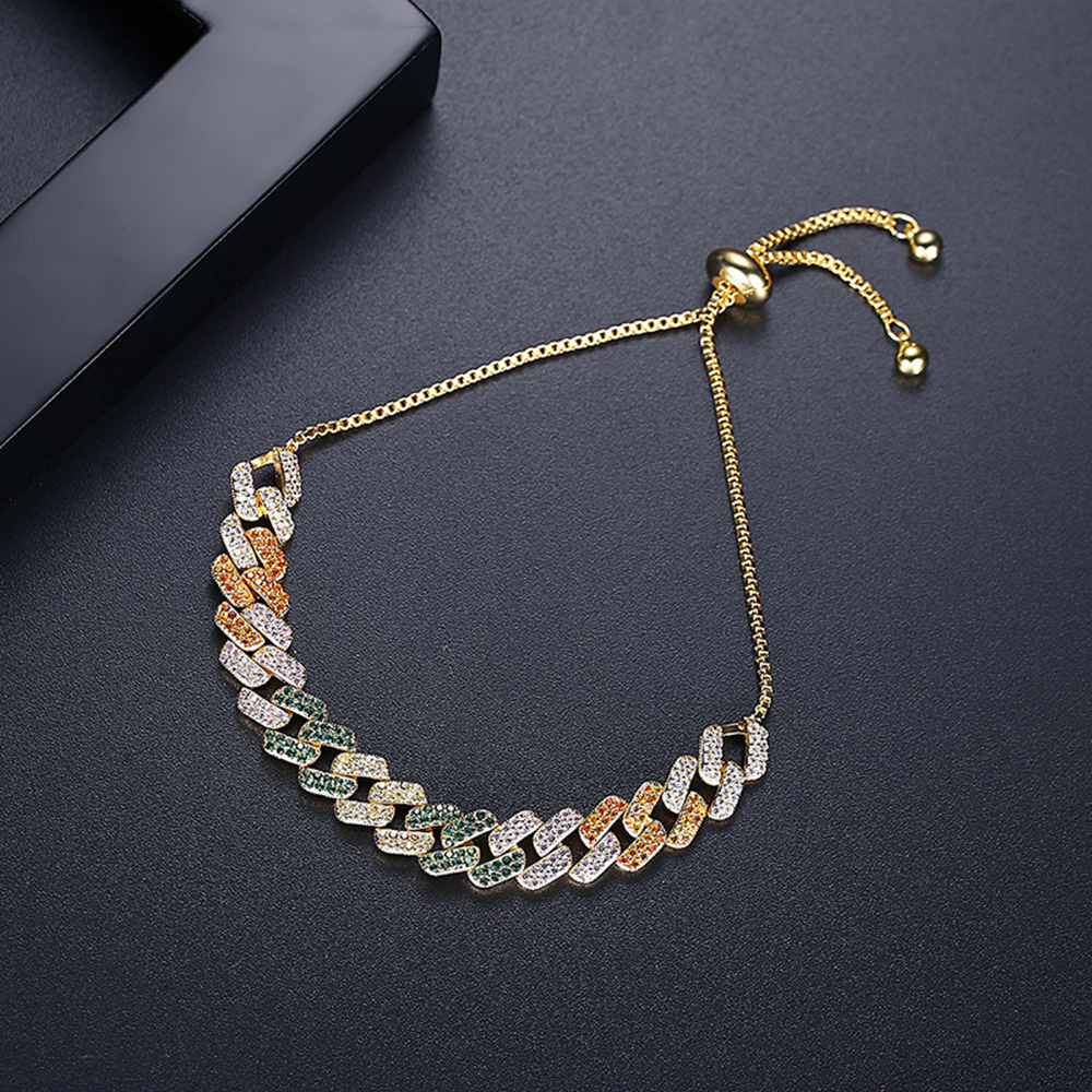 Hip Hop Tennis Pull Bracelet Full Diamond Stone Cuban Chain Bling Platinum Plated Adjustable Length Bangle