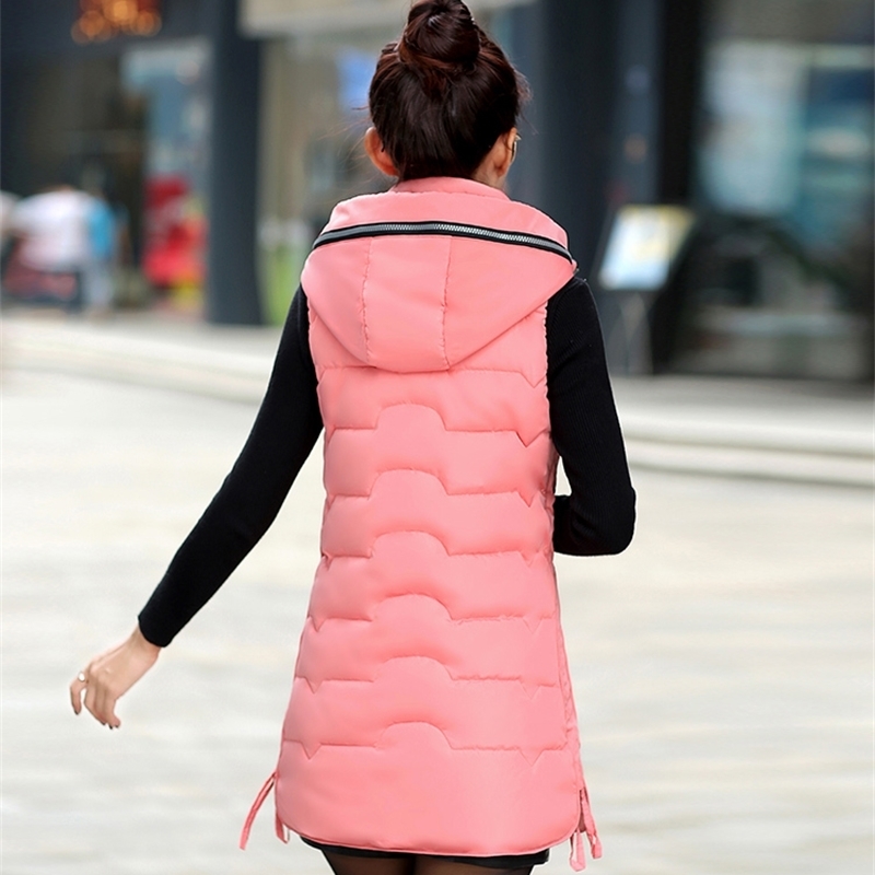5XL Thick Warm Long Vests For Women Down Jackets Female Winter Cotton Waistcoat Detachable Hat Yellow Women's Sleeveless Coat 201211