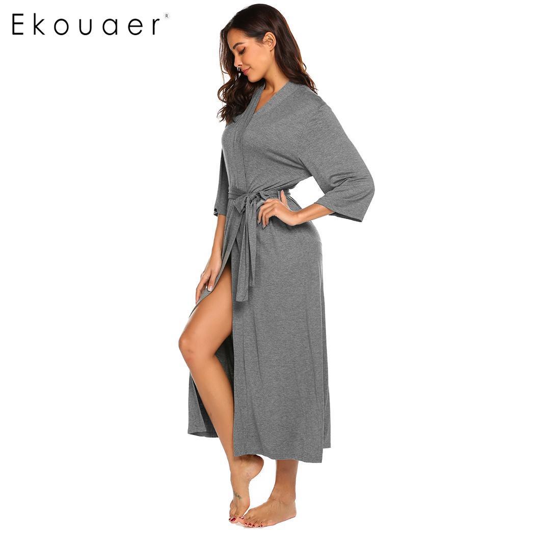 Ekouaer Long Robe Dressing Gown V Neck Long Sleeve Robe Sleepwear Nightgown Bathrobes Women Solid Casual Comfortable Loose Robes 210203