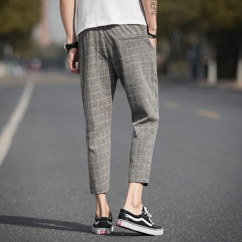Left Rom 2019 Anklelength Linen Plaid Pants Men Trousers Hip Hop Jogger Pants Men Sweatpants Streetwear Men Pants S5xl T200319