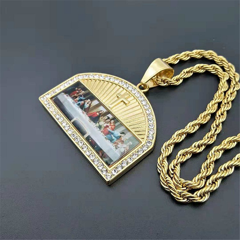 Iced Out The Last Supper Pendant Necklace Male Gold Color Stainless Steel Cross Necklaces For Men Religious Jewelry 201014