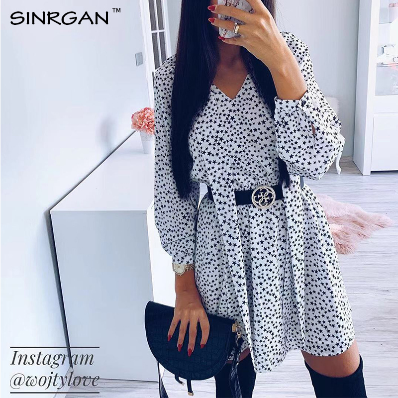 SINRGAN V Neck Sexy Star Print White Mini Dress Vintage Long Sleeve Inner Wear Dress Women Autumn Streetwear T200320