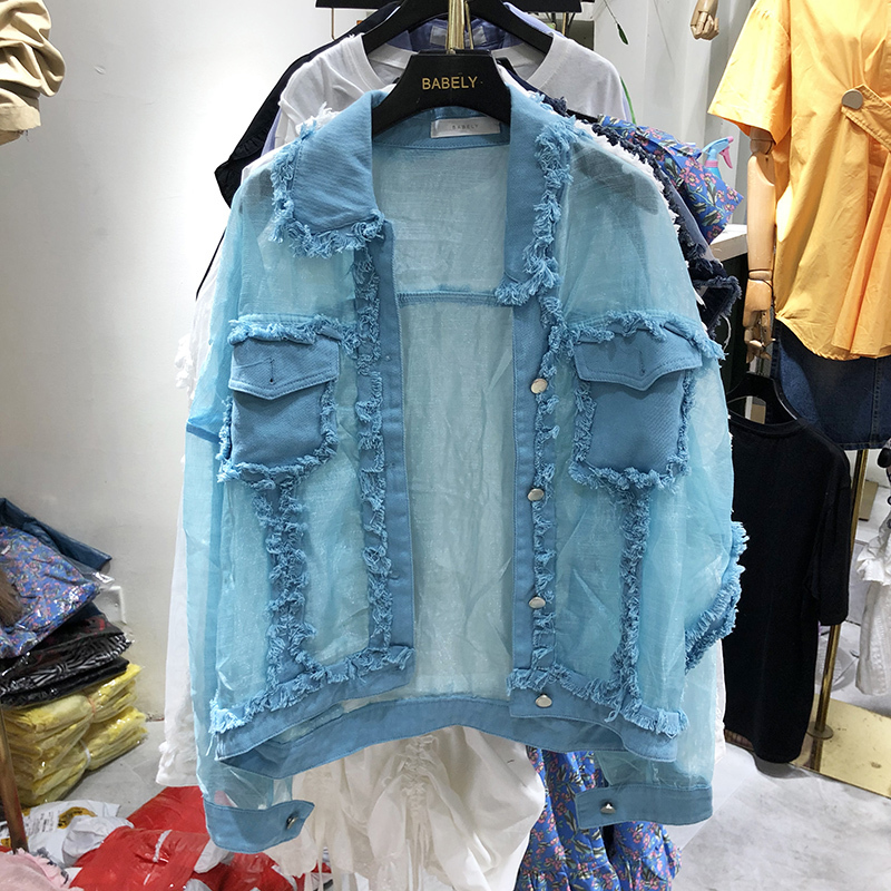 Summer New Fringed Turndown Collar Chiffon Stitching Loose Sunscreen Denim Jacket Harajuku Women's Loose Coat Summer Jacket 201106