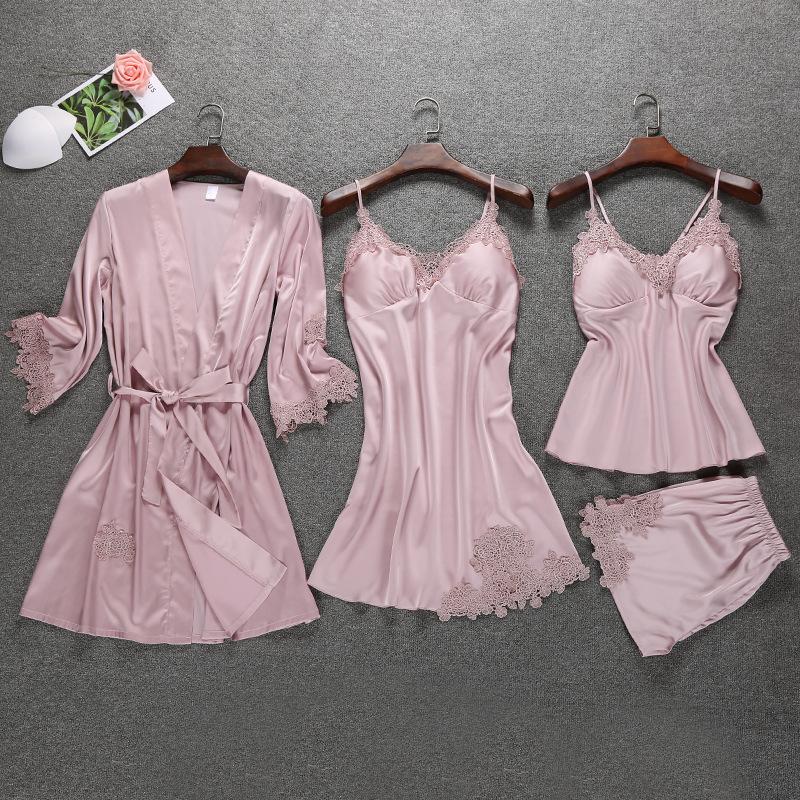 2020 new imitation silk V-neck summer suspender pajamas skirt lace vest shorts nightgown four-piece suit with chest pad AG41555, White suit
2020 new imitation silk V-neck summer suspender pajamas skirt lace vest shorts nightgown four-piece suit with chest pad AG41555, White suit