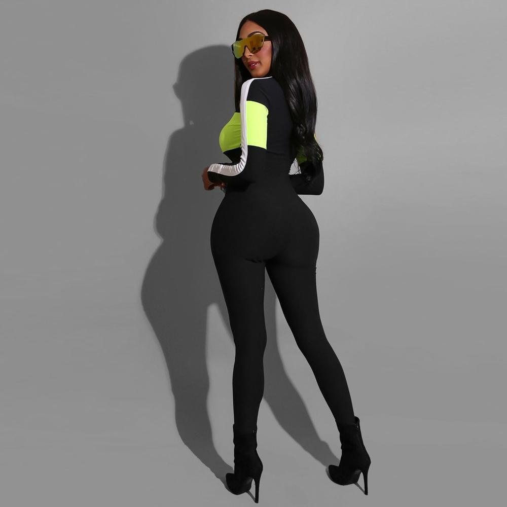 Sports Zipper Women Sexy One Piece Bodysuit Sports Deep V Colorblock Tight Long Sleeve Workout Gym suit Fitness Jumpsuit T200616