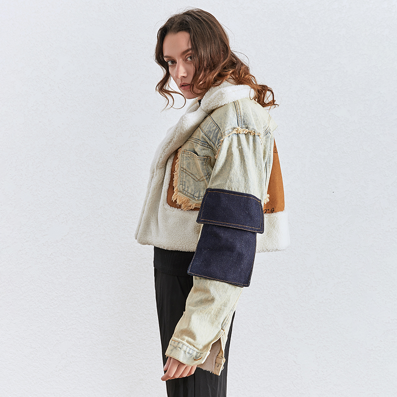 TWOTWINSTYLE Patchwork Hit Color Denim Jacket Women Lapel Collar Long Sleeve Pocket Irregular Coats Female Fashion Clothing 201023