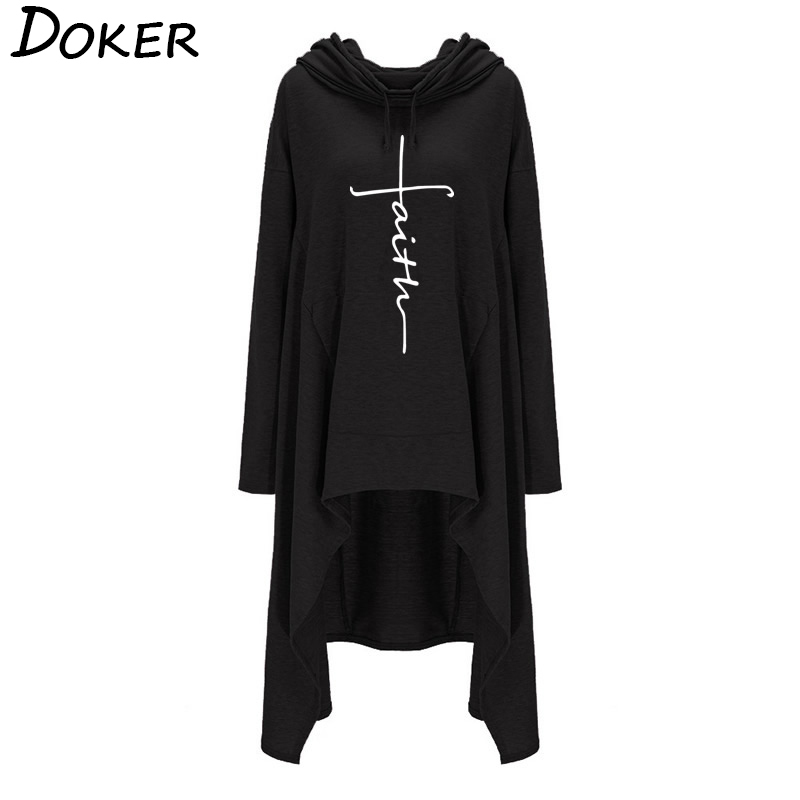 New Faith Letter Embroidered Long Hoodies Women Long Sleeve Irregular Hem Pocket Sweatshirt Female Plus Size Pullover Tops 200930