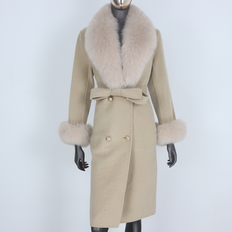 BLUENESSFAIR 2020 Cashmere Wool Blends Real Fur Coat Double Breasted Winter Jacket Women Big Natural Fox Fur Collar Outerwear LJ201202