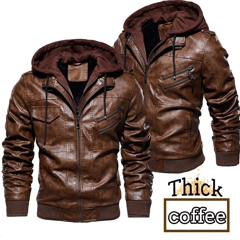 Men's Leather Jacket Autumn Winter Hooded Fur Lined Coat Man Thick Bomber Jacket With Hood Plus Size Vintage Coat Men Jackets 201014