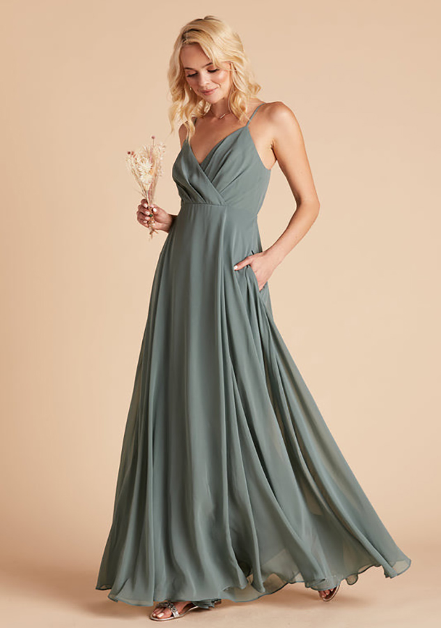 Flowy Chiffon Bridesmaid Dress Spaghetti Straps Pockets Maid Of Honor Dress Floor Length Wedding Party Guest Gowns