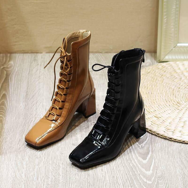 Short boots women 2020 new autumn style boots square toe lace stretch high heel trendy shoes women's shoes 
Short boots women 2020 new autumn style boots square toe lace stretch high heel trendy shoes women's shoes