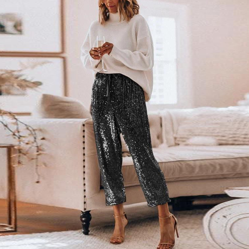 Sexy Sequined Cargo Pants Glitter Shiny High Waist Casual Party Ladies Sweatpants Belt Casual Elastic Straight Loose Trouser 201228