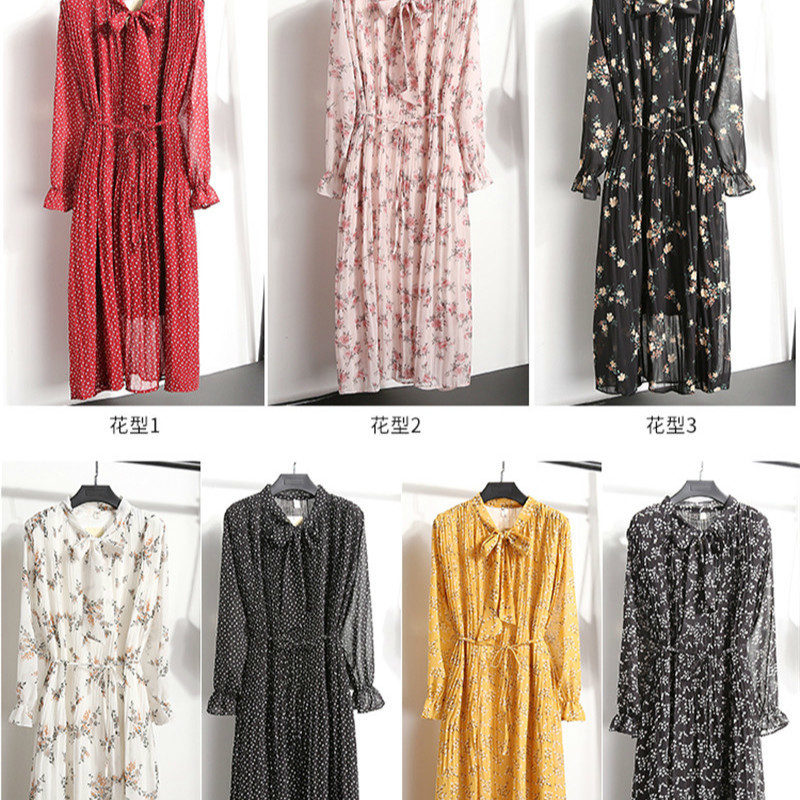 New Women's Floral Print Pleated Chiffon Dress Spring Autumn New Female Casual Flare Sleeve lace Up Bow Neck Basic Dresses T200416