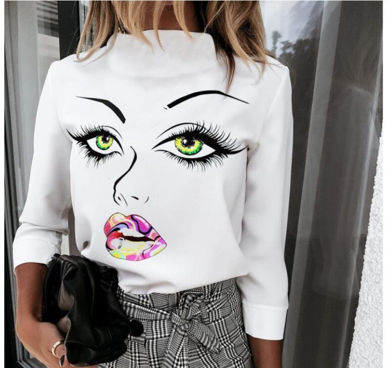Women New Lips Print Blouse Shirts Elegant Ladies O-Neck Pullover Tops Autumn Long Sleeve Casual Shirt Blusa Streetwear 3XL 201201