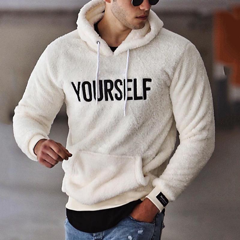 Men's Sherpa Fleece Hoodie With Pockets - Casual Long Sleeve Winter Outwear, Letter Print, Black, White, Khaki B1