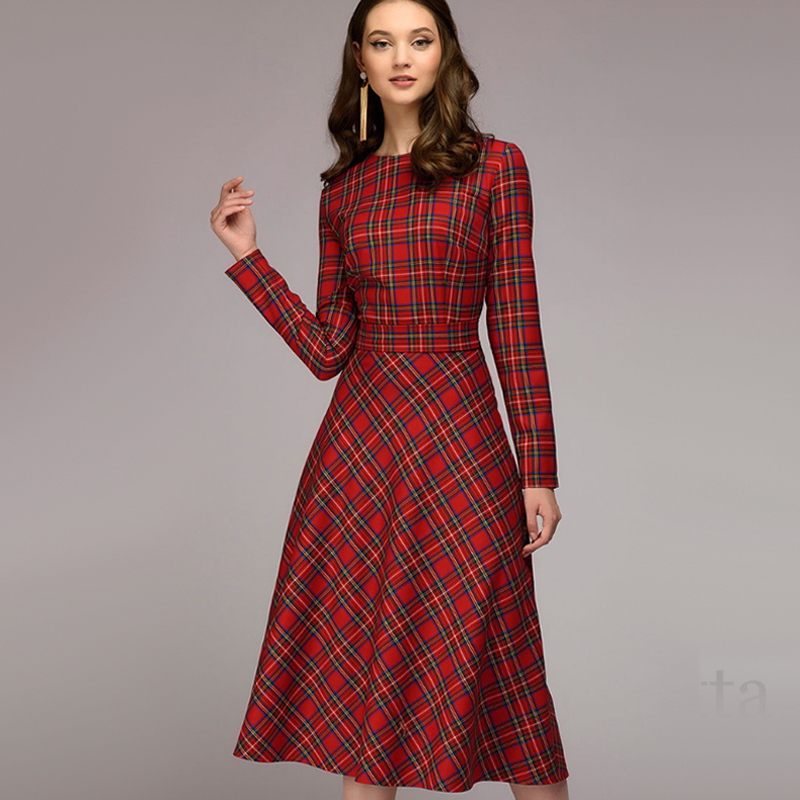 Women Vintage Sashes Plaid Dress Ladies Long Sleeve o Neck Elegant a Line Midi Dress Autumn Bow Tie Party Dress Plus size 201028