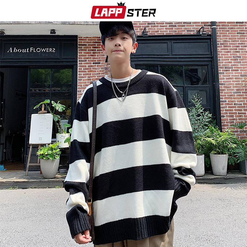 LAPPSTER Men Oversized Striped Sweater Mens Winter Korean Fashions Sweater Male Pullover Harajuku Harajuku Black Sweaters 201125