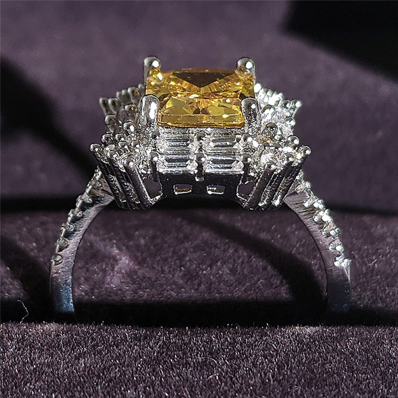 2022 Ins Top Sell Wedding Rings Luxury Jewelry 925 Sterling Silver Princess Cut Yellow Topaz CZ Diamond Gemstones Eternity Women Engagement Band Ring 