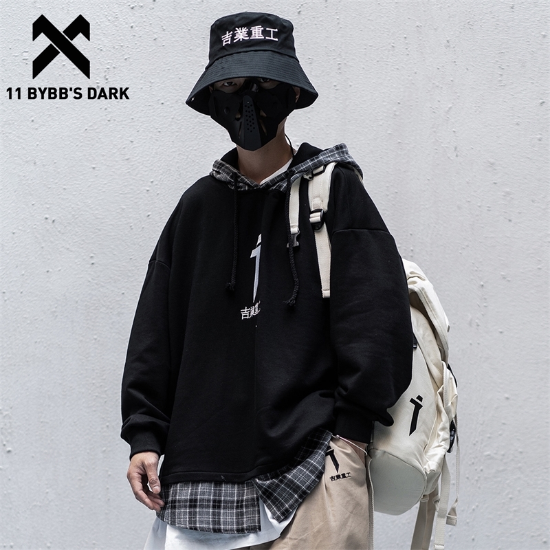 11 BYBB'S DARK Vintage Plaid Patchwork Hoodies Men Streetwear Hip Hop Letter Embroidery Sweatshirts Techwear Hoodie Pulover 201113