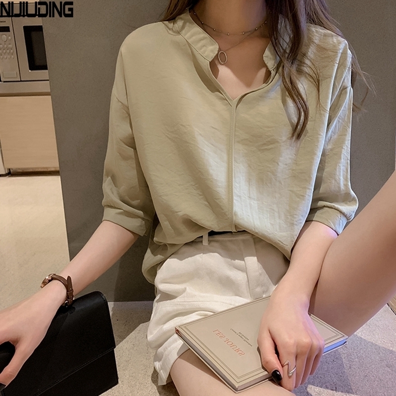 NIJIUDING Women Half Sleeve Loose Shirts Shirt OL Clothes Plain Casual Blouse Office Lady Summer Chiffon Shirts blusa feminina 201125
