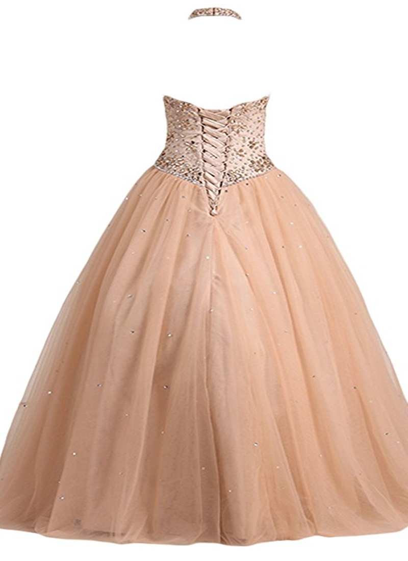 Handmade Halter A Line Quinceanera Dresses Puffy Floor Length Tulle Appliques Sweet 16 Long Evening Party Prom Gown Vestidos De 15 Anos
