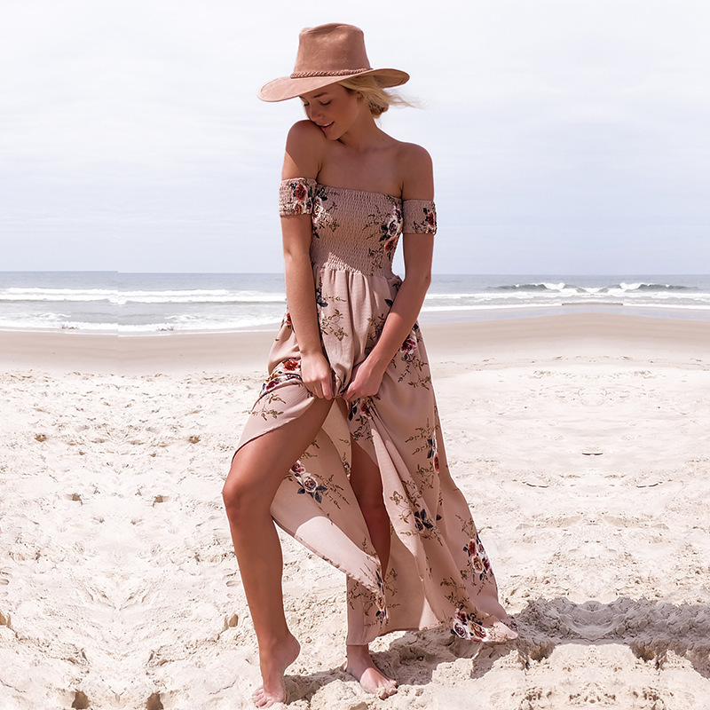 Lossky New Women Sexy Side Split Summer Dress Off Shoulder Vintage Print Maxi Dress Women Beach Dress Vestidos T200107