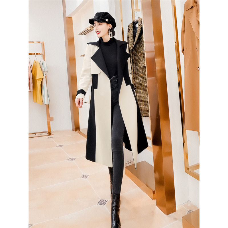 DEAT Woolen Coat Women Long Length With Sashes Slim Lapel Collar Hit Color High Street Slim Autumn Fashion AM617 201221