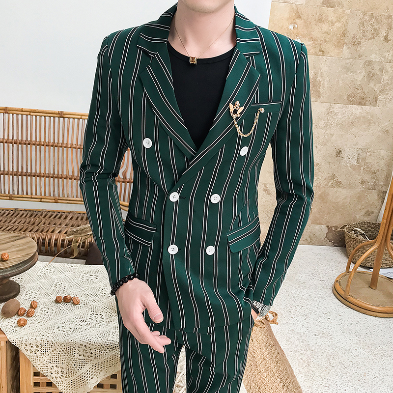 arrival casual suits Mens FASHION Striped suits Slim fit Tuxedos Green suit for wedding Costme Homme Terno Asian Size 201106
