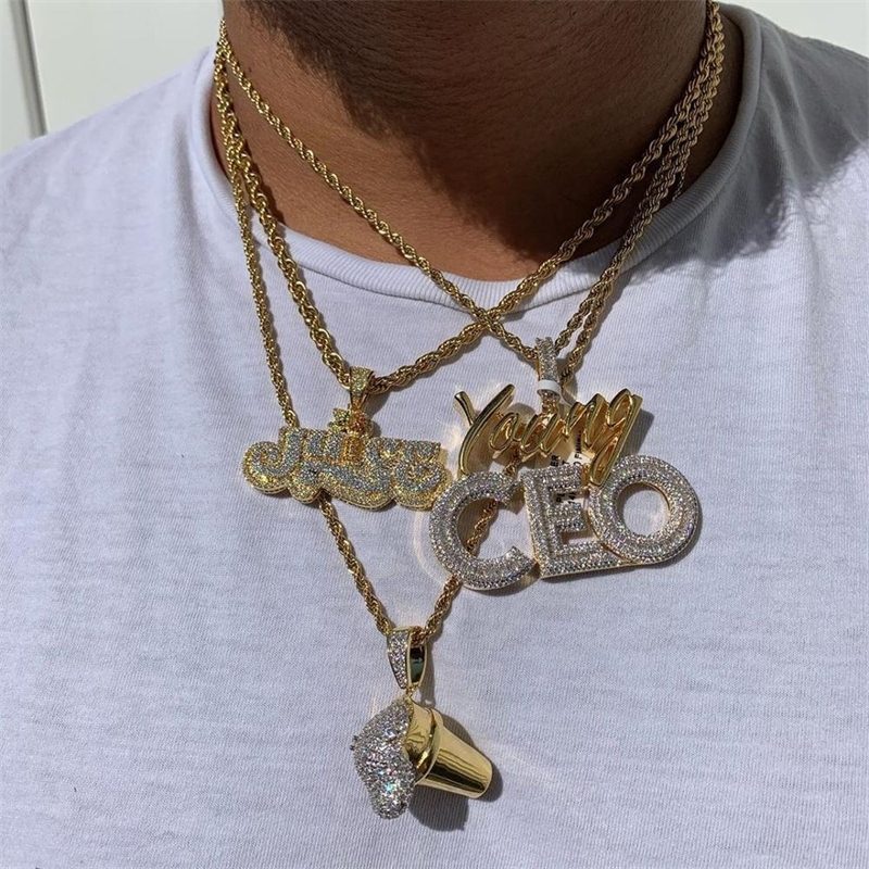 High quality Hip hop bling men jewelry 5A cubic zirconia iced out bling baguette cz Young CEO pendant necklace rope tennis chain 201014